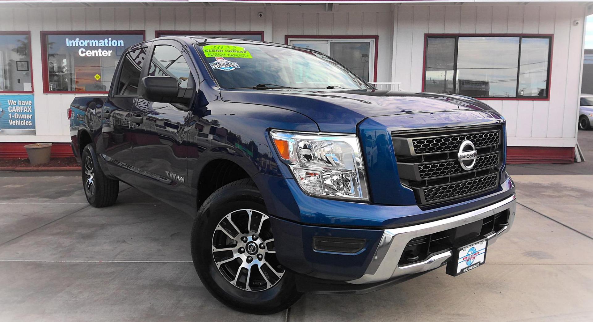 2022 BLUE Nissan Titan S Crew Cab 4WD (1N6AA1EC4NN) with an 5.6L V8 DOHC 32V engine, 9A transmission, located at 502 S. Riverside Avenue, Medford, OR, 97501, (541) 773-3136, 42.322803, -122.867477 - Photo#1