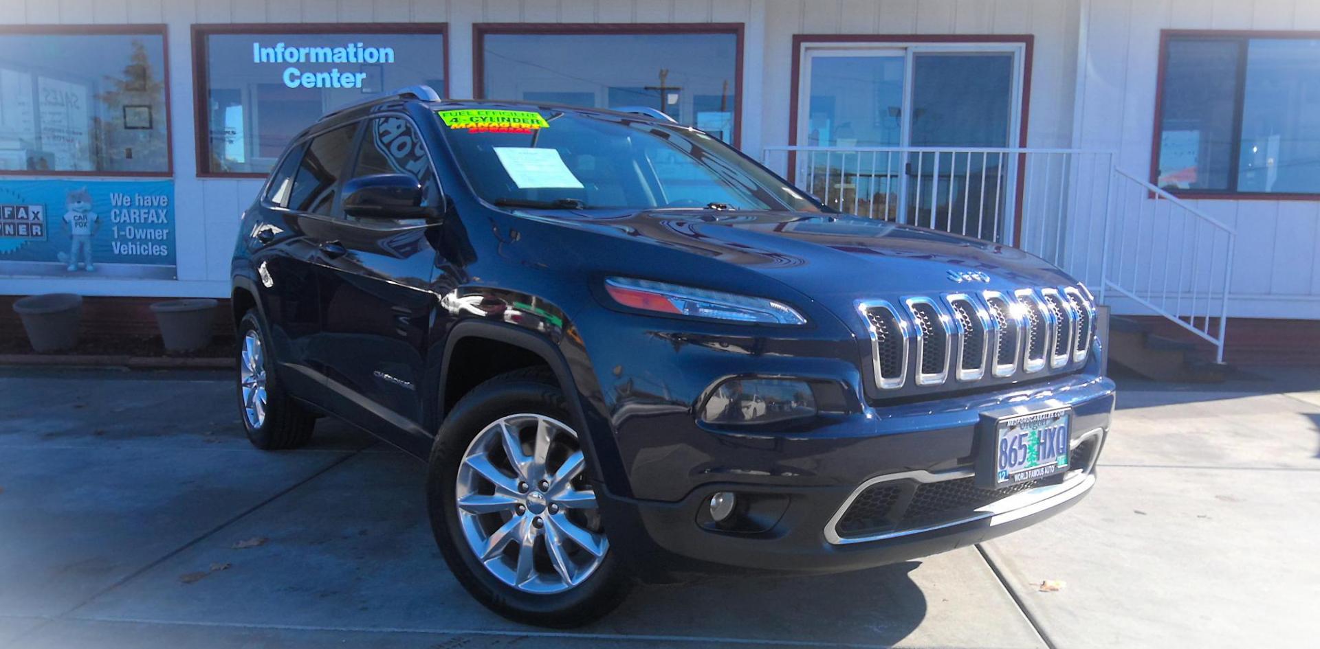 2015 BLUE Jeep Cherokee Limited 4WD (1C4PJMDB2FW) with an 2.4L L4 DOHC 16V engine, 9-Speed Automatic transmission, located at 502 S. Riverside Avenue, Medford, OR, 97501, (541) 773-3136, 42.322803, -122.867477 - Photo#1