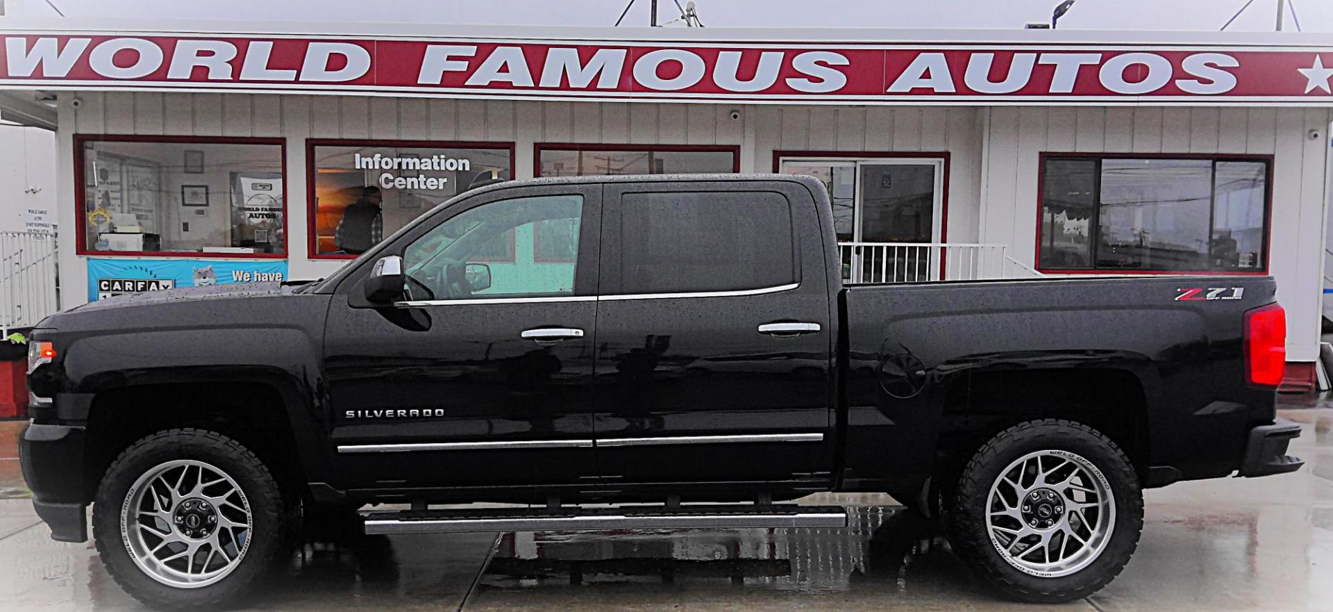 2018 BLACK Chevrolet Silverado 1500 LTZ Crew Cab 4WD (3GCUKSEJ0JG) with an 6.2L V8 OHV 16V engine, 6A transmission, located at 502 S. Riverside Avenue, Medford, OR, 97501, (541) 773-3136, 42.322803, -122.867477 - This 2018 Chevrolet Silverado LTZ has the 6.2L V8 engine, only 62k miles on it, custom wheels & tires, running boards, and priced to sell! - Photo#0